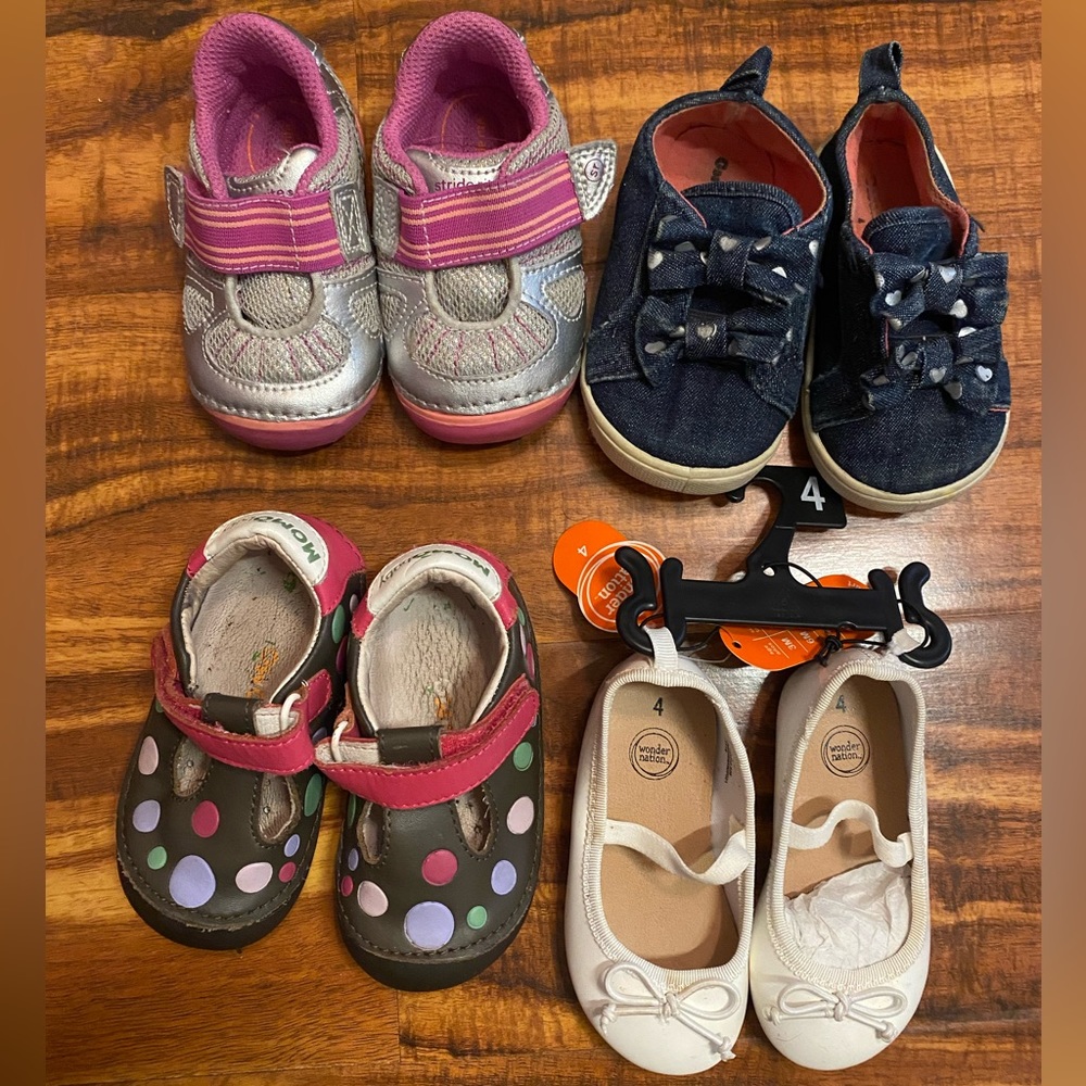 4 pairs-size 4/4W/4.5 girls shoes, MOMObaby/Stride Rite/Garanimals/Wonder Nation